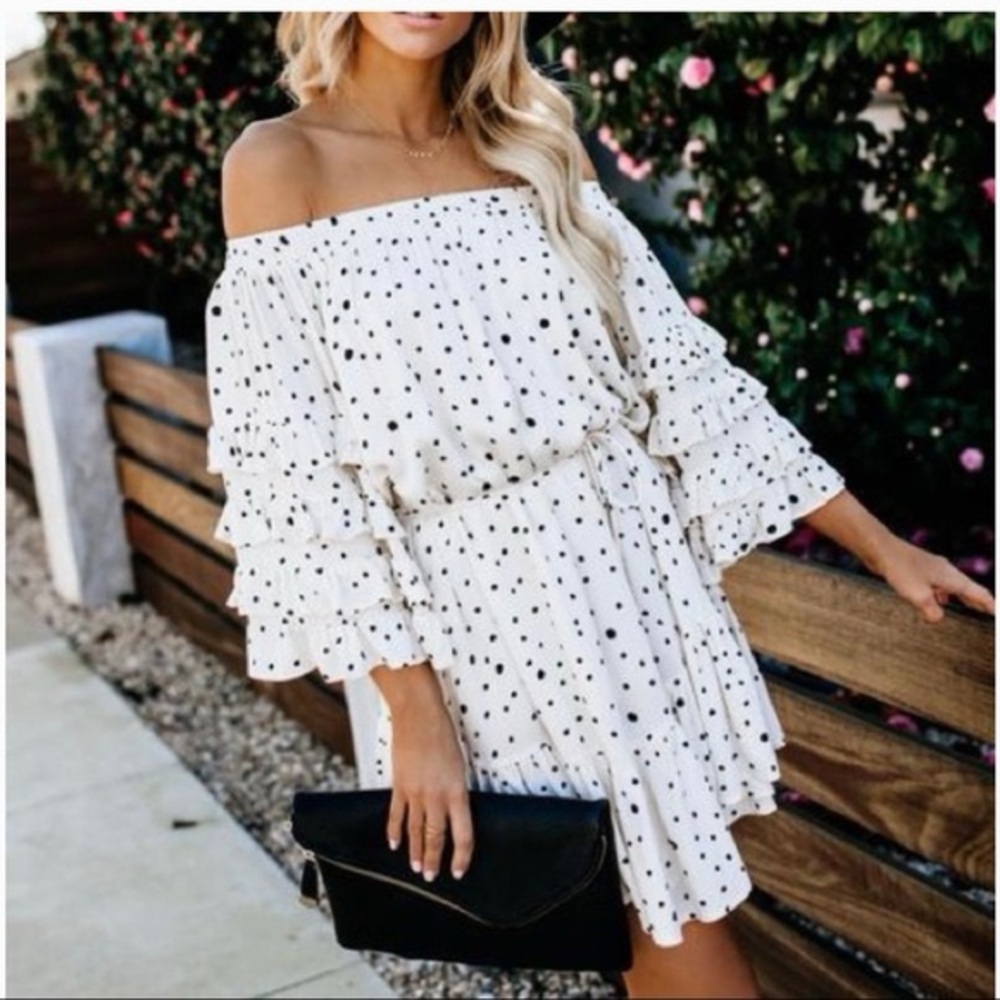 Off the Shoulder White and Black Polka Dot Ruffle Dress